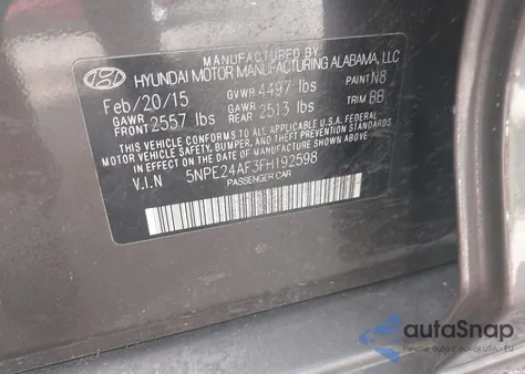 2015 Hyundai Sonata Se from USA, damaged, VIN 5NPE24AF3FH192598
